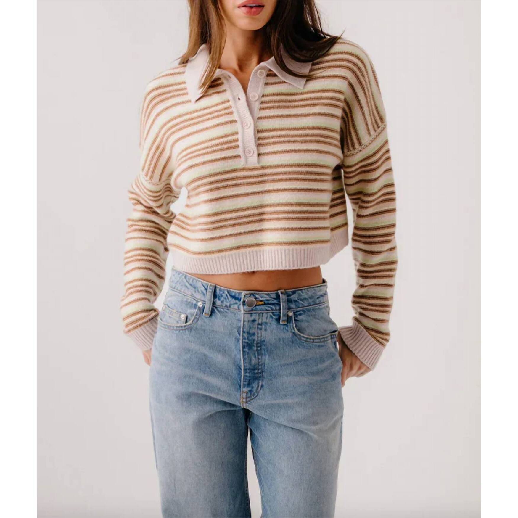 New Sablyn Maddie Cropped Striped Polo Top In Buttercup
